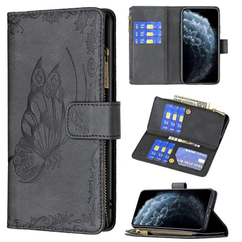 For iPhone XR Flying Butterfly Embossing Pattern Zipper Horizontal Flip Leather Case with Holder ...