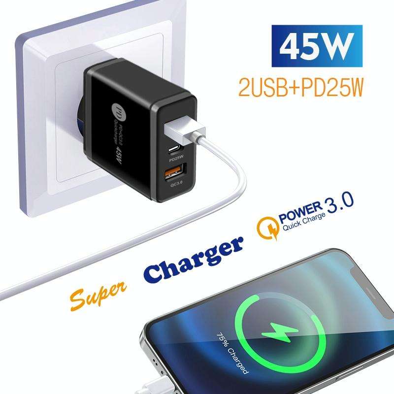 45W PD3.0 + 2 x QC3.0 USB Multi Port Quick Charger, UK Plug(White)