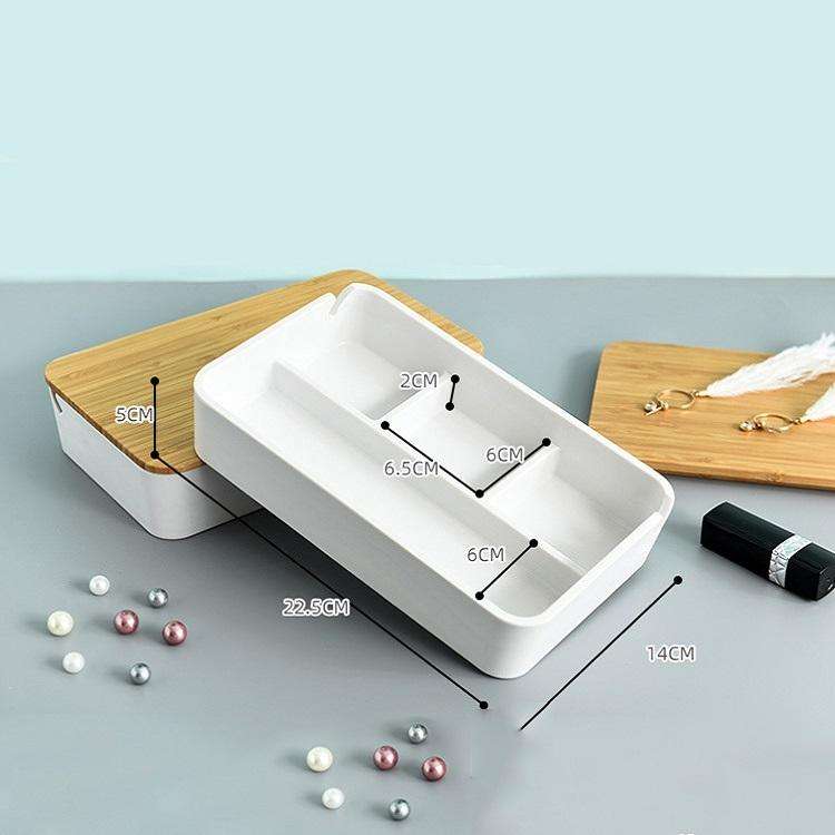 Jewelry Storage Box Bamboo Lid Compartment With Mirror Cosmetic Box(White)