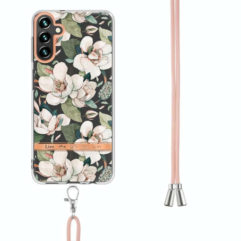 For Samsung Galaxy A54 5G Flowers and Plants Series IMD TPU Phone Case with Lanyard(Green Gardenia)