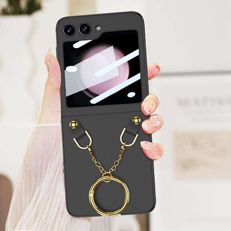 For Samsung Galaxy Z Flip5 GKK Integrated Necklace Hinged Flip Phone Case with Ring Holder(White)