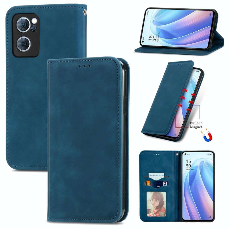 For OPPO Reno7 5G Retro Skin Feel Magnetic Flip Leather Case(Blue)