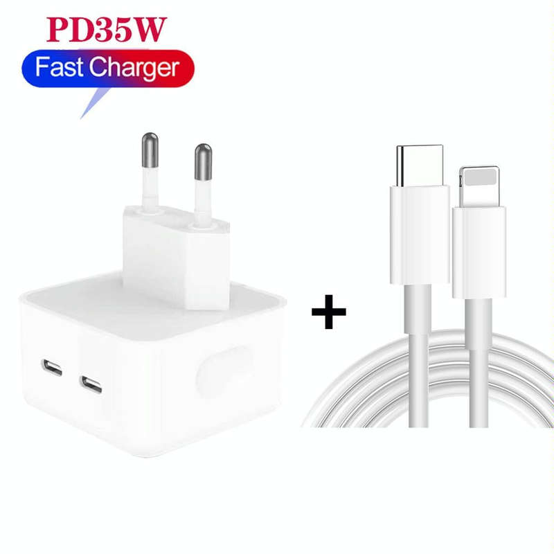 PD 35W Dual USB-C / Type-C Ports Charger with 1.5m Type-C to 8 Pin Data Cable, EU Plug
