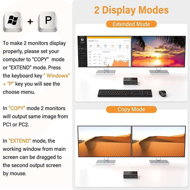 KC-KVM202DP 4K 60Hz USB3.0 DP Dual Monitors KVM Switch