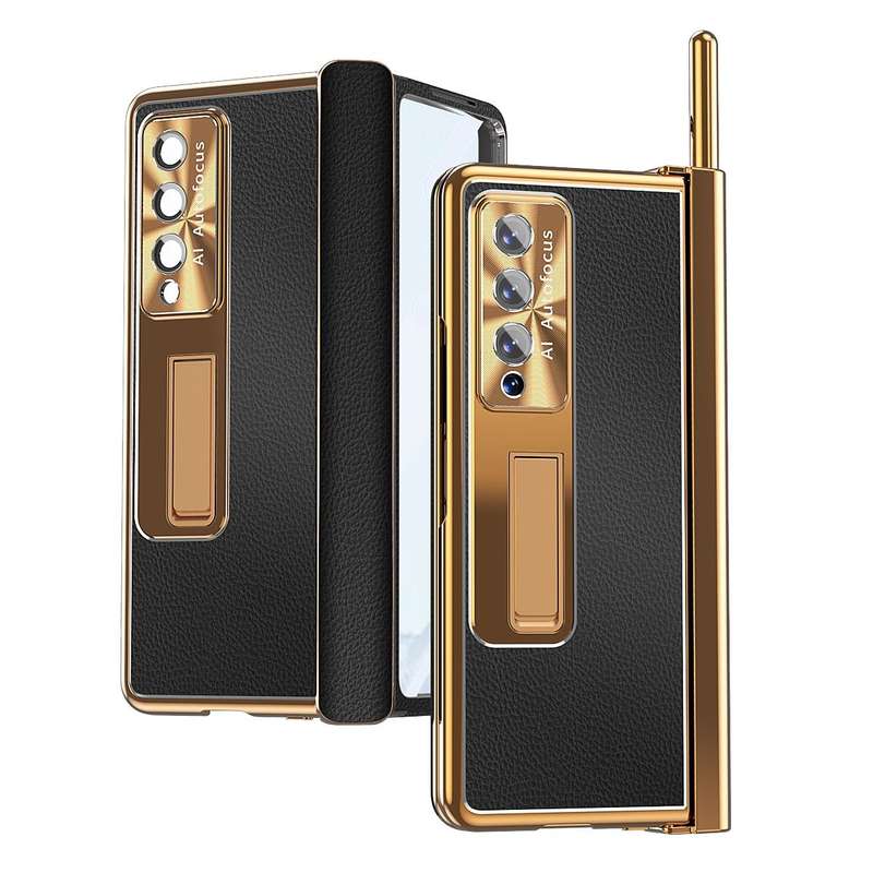 For Samsung Galaxy Z Fold4 Litchi Pattern Magnetic Shell Film Integrated Shockproof Phone Case(Bl...