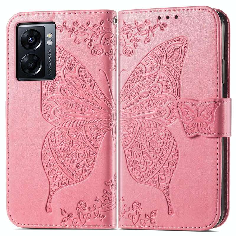 For OPPO A77 Butterfly Love Flower Embossed Flip Leather Phone Case(Pink)