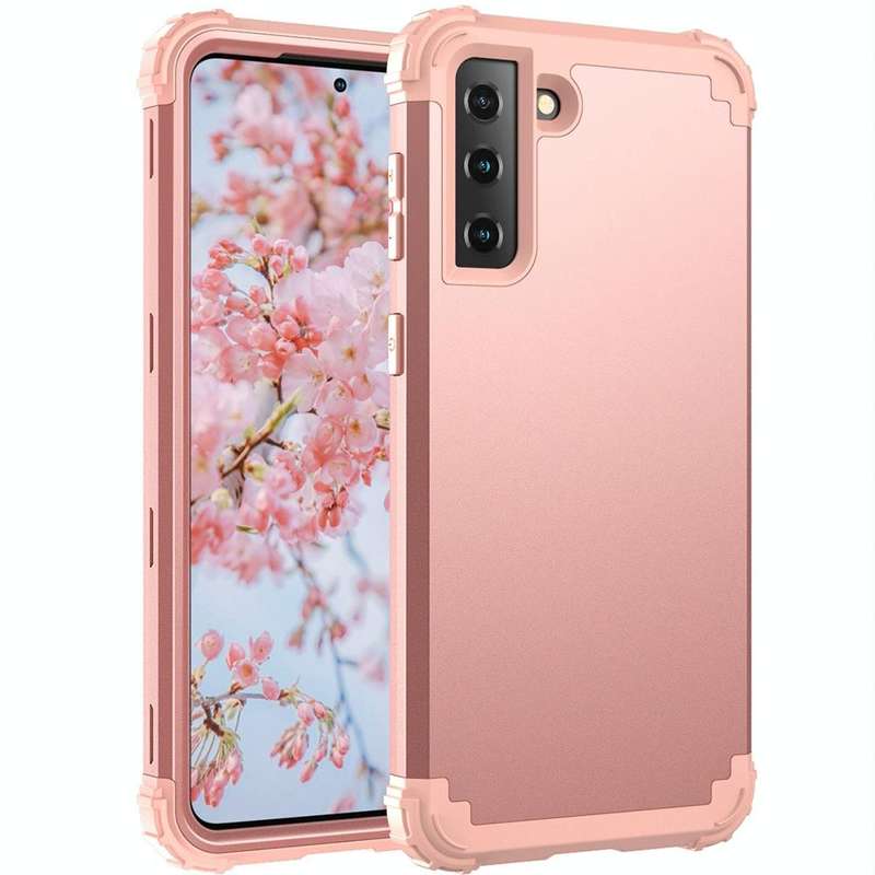 For Samsung Galaxy S21 FE 3 in 1 Shockproof PC + Silicone Protective Case(Rose Gold)