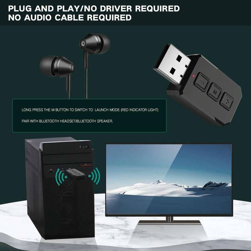 RT02 USB Bluetooth Audio Adapter Receives Transmits 2-in-1 Bluetooth 5.0 Hands-free Talk Car Blue...