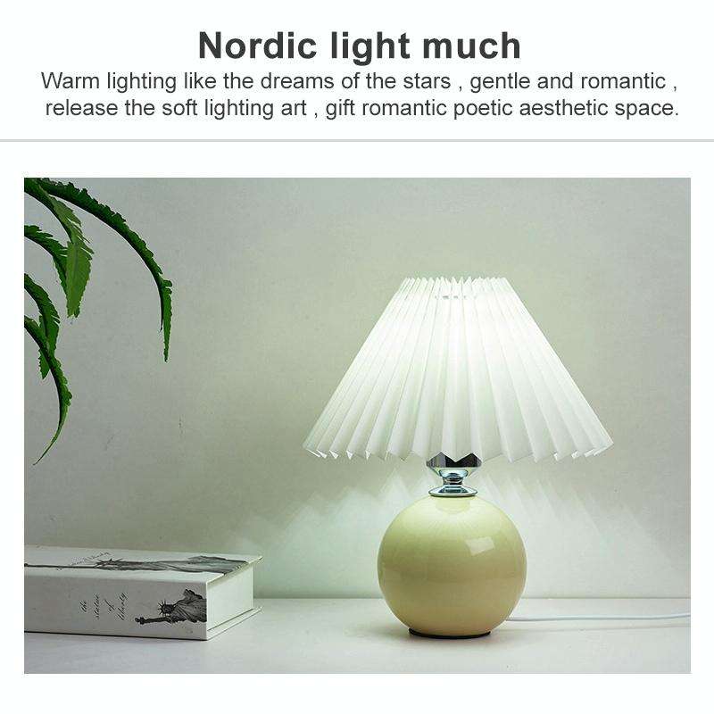 Pleated Lampshade Cozy Bedside Night Light Modern Ceramic Desk Lamp 220V(Off-white Body+White Cover)