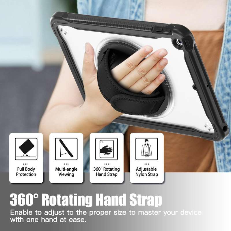 For iPad 10.2 2021 / 2020 / 2019 Heavy Duty Hybrid Tablet Case with Handle & Strap(Black)