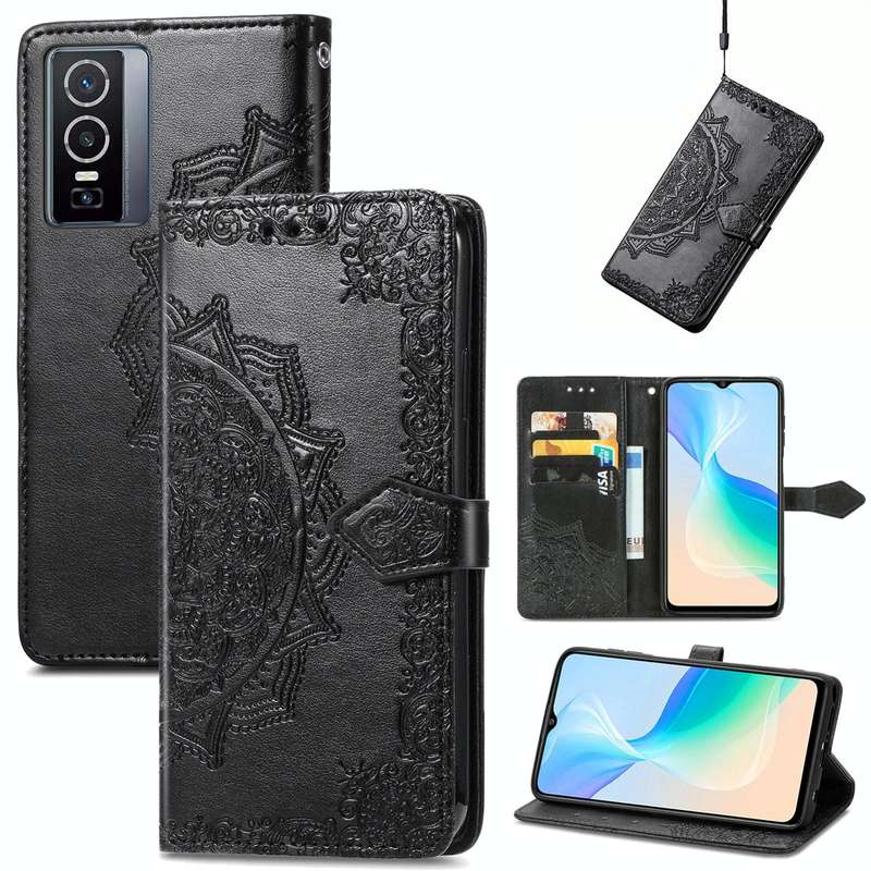 For vivo Y76 5G Mandala Flower Embossed Flip Leather Phone Case(Black)