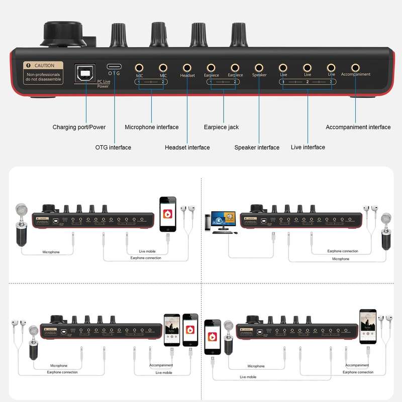 PULUZ Phantom Power OTG Lossless Live Sound Card Recording Sound Mixer, English Version(Black)