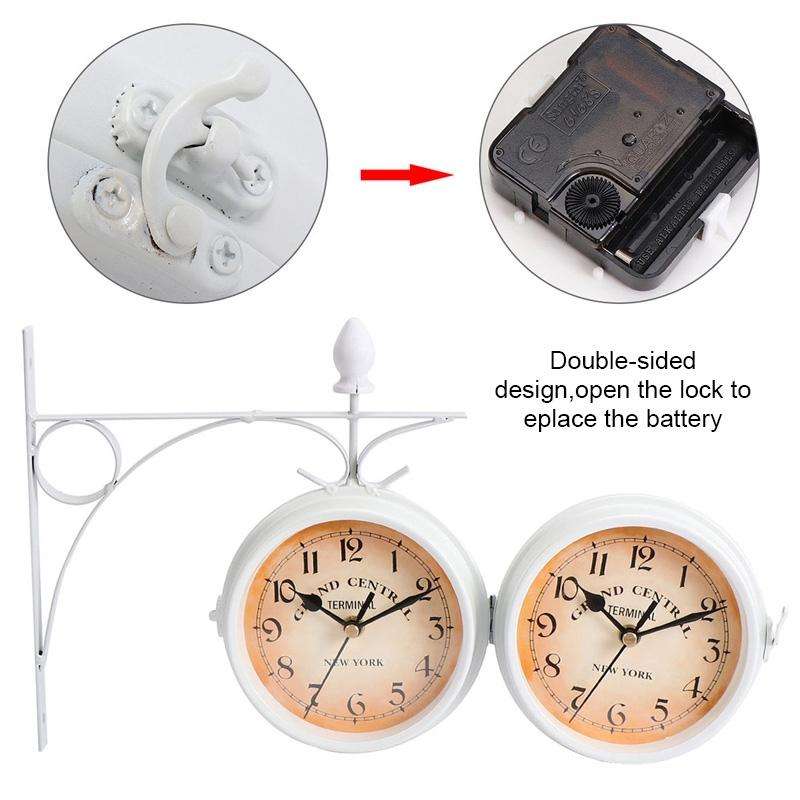 Wrought Iron Clock Vintage Decorative Double-sided Wall Clock(White)