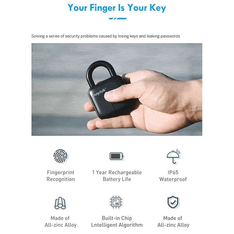 Anytek L3 Intelligent Hidden Fingerprint Padlock Electronic Lock, 10 Fingerprint Edition