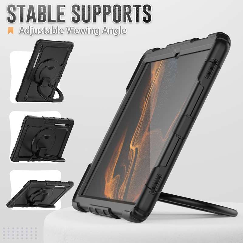 For Samsung Galaxy Tab S8 Ultra Shoulder Strap Silicone + PC Tablet Case(Black)