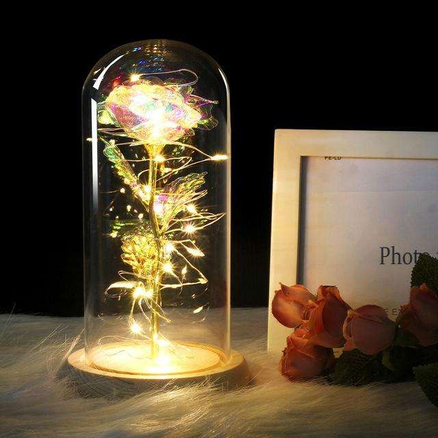 Simulation Roses Lights Glass Cover Decorations Crafts Valentines Day Gifts(Bright Color)