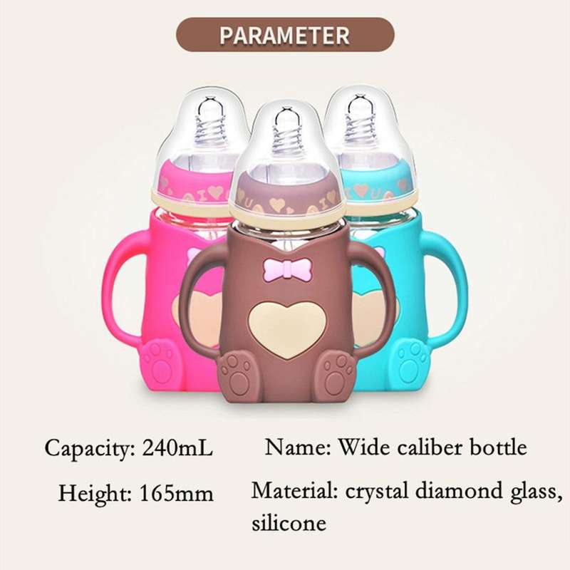 Baby Silicone Glass Bottles Drop-proof and Flatulence-proof Glass Baby Bottle(Style 2 Rose Red)