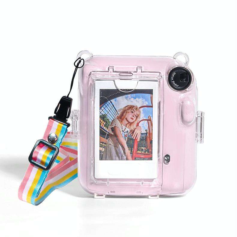 For FUJIFILM instax mini 12 Crystal Hard Acrylic Camera Case with Shoulder Strap(DIY Purple Daisies)