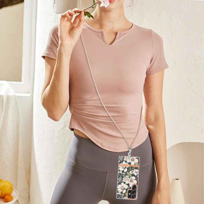 For Samsung Galaxy S22 Ultra 5G Flowers Series TPU Phone Case with Lanyard(Green Gardenia)