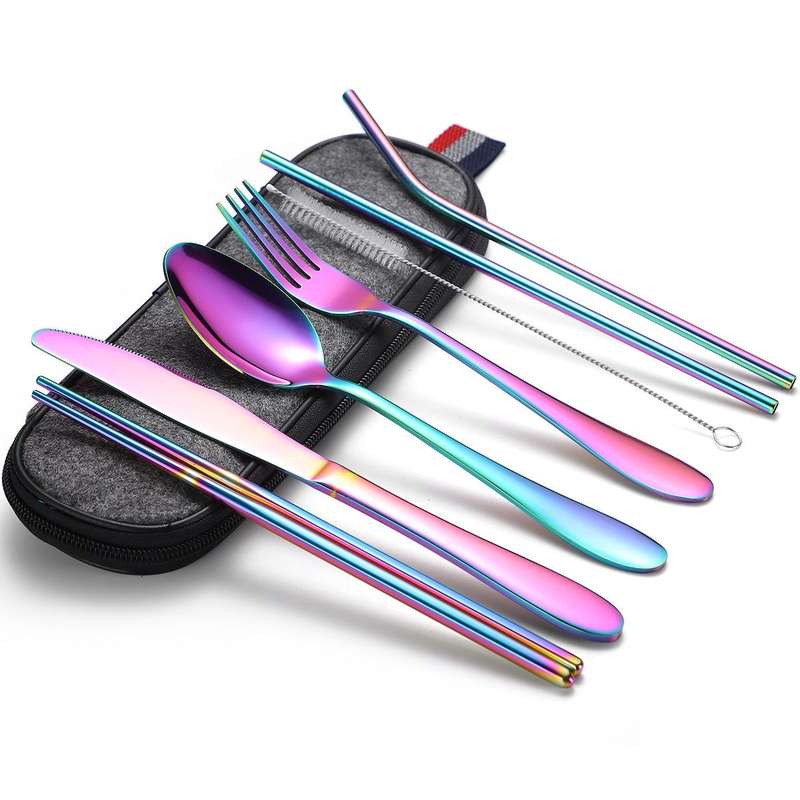 7 in 1 Cutlery Spoon Chopsticks And Straw Set Stainless Steel Portable Cutlery Set, Specification...