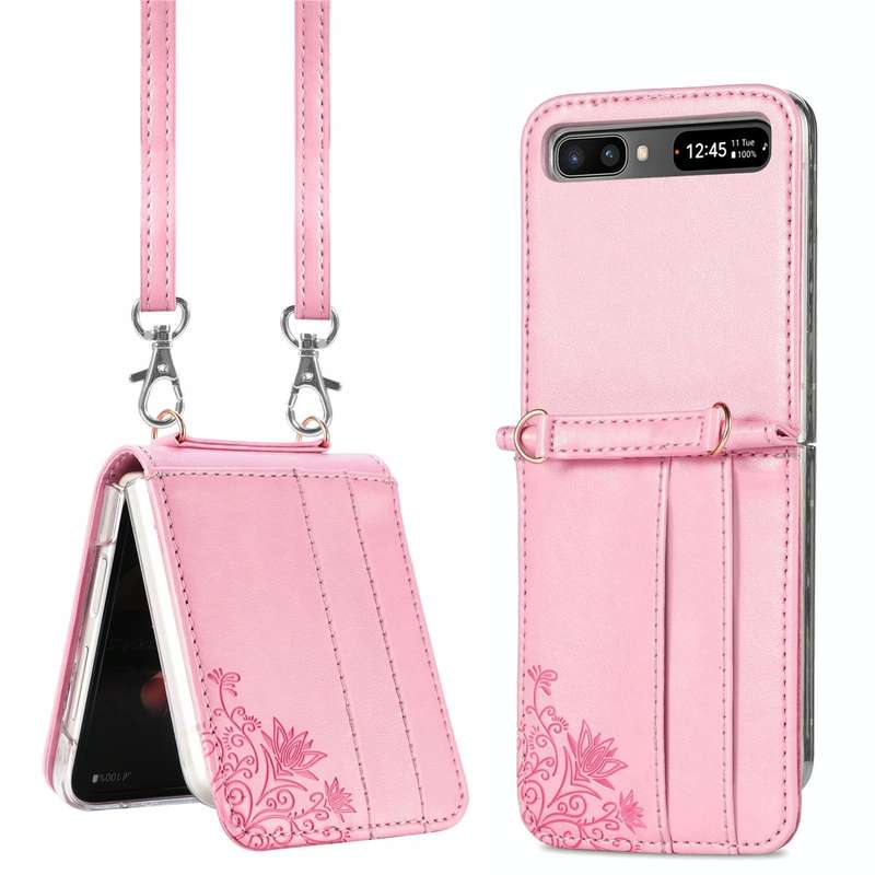 For Samsung Galaxy Z Flip 5G Diagonal Lanyard Embossed Card Phone Case(Pink)
