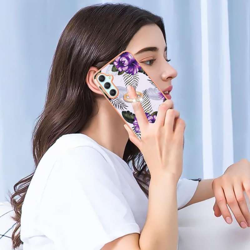 For Samsung Galaxy A24 4G Electroplating IMD TPU Phone Case with Ring(Purple Flower)