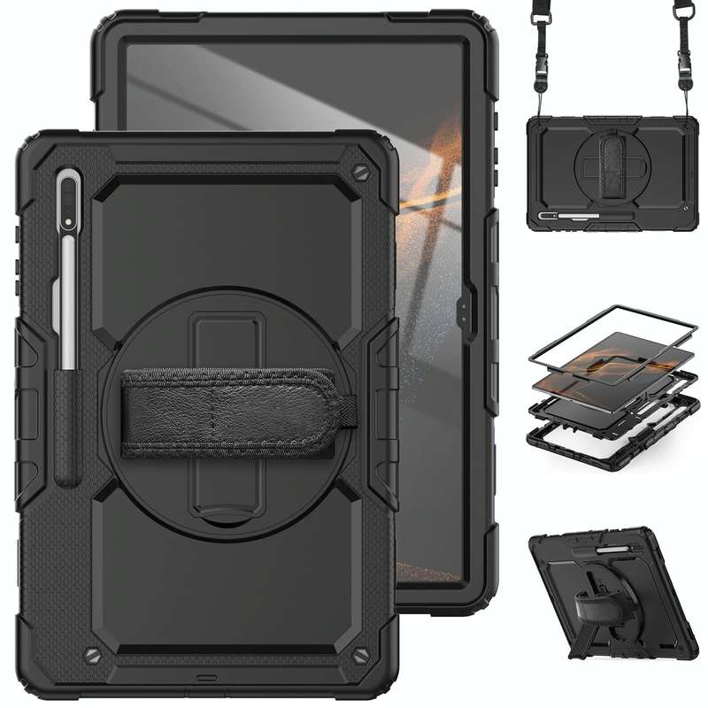 For Samsung Galaxy Tab S8 Ultra 14.6 inch SM-X900 Silicone + PC Tablet Case with Shoulder Strap(B...