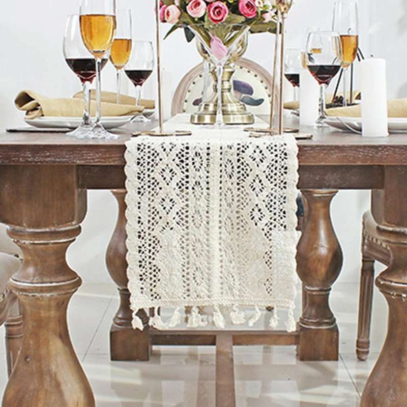 Tassel Lace Floral Romance Retro Crochet Hollow Cotton Blend Table Runner Covers, Size:24x180cm(Y...