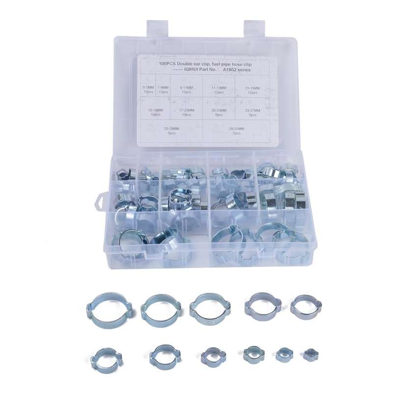 100 PCS Adjustable Double Ear Zinc Plated Steel Hydraulic Hose Clamps O-Clips Pipe Fuel Air, Insi...