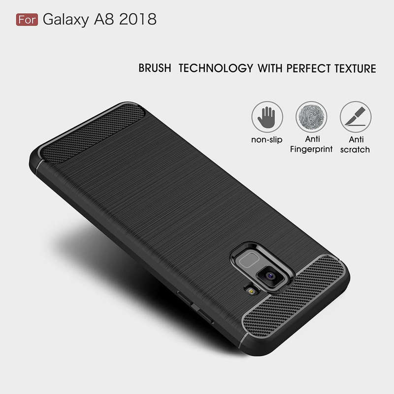 For Galaxy A8 (2018) Brushed Texture Carbon Fiber Shockproof TPU Protective Back Case (Red)