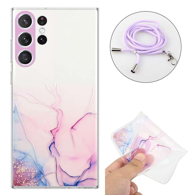 For Samsung Galaxy S23 Ultra 5G Hollow Marble Pattern TPU Shockproof Phone Case with Neck Strap R...