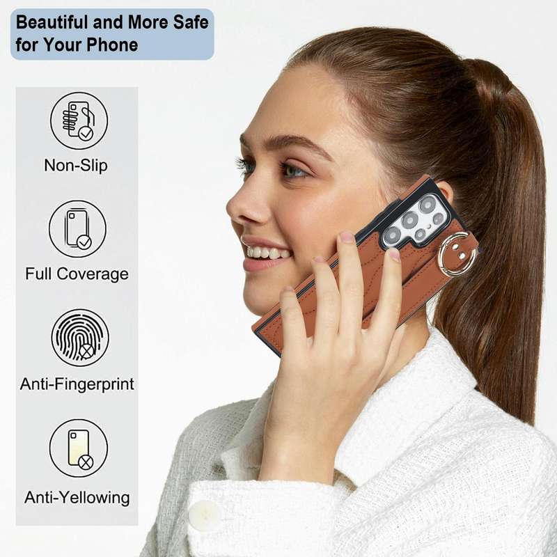 For Samsung Galaxy S22 Ultra Non-slip Full Coverage Ring PU Phone Case with Wristband(Brown)