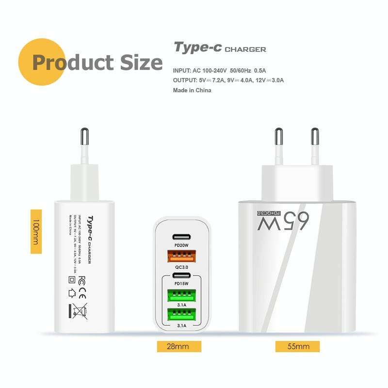 65W Dual PD Type-C + 3 x USB Multi Port Charger for Phone and Tablet PC, US Plug(White)