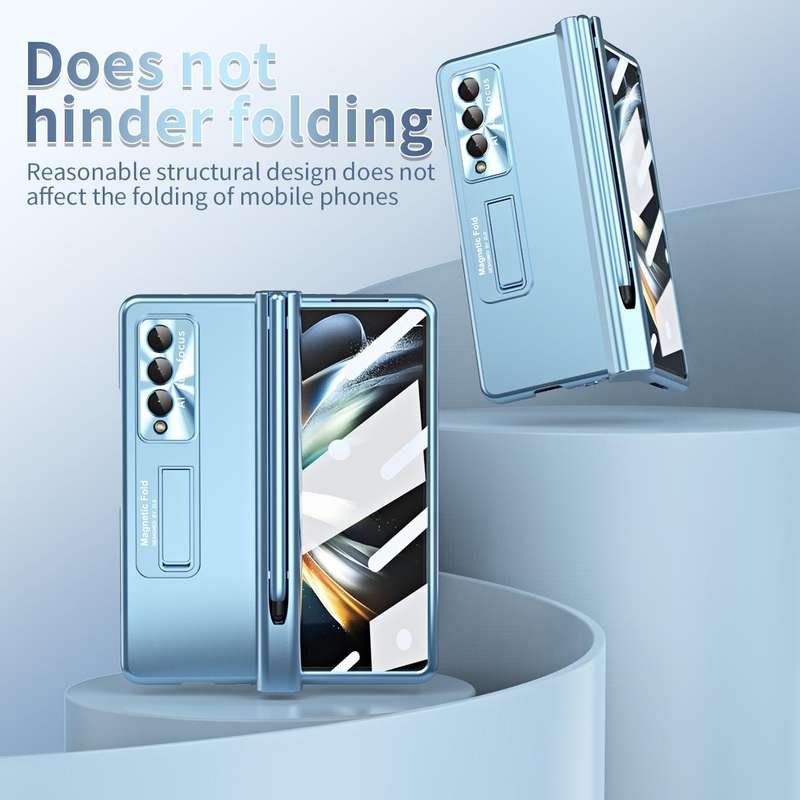 For Samsung Galaxy Z Fold3 5G Electroplating Corrugated Hinge Folding Phone Case with Pen Slot(Blue)
