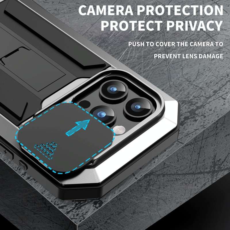 For iPhone 15 Pro Max R-JUST Sliding Camera Life Waterproof Holder Phone Case(Silver)
