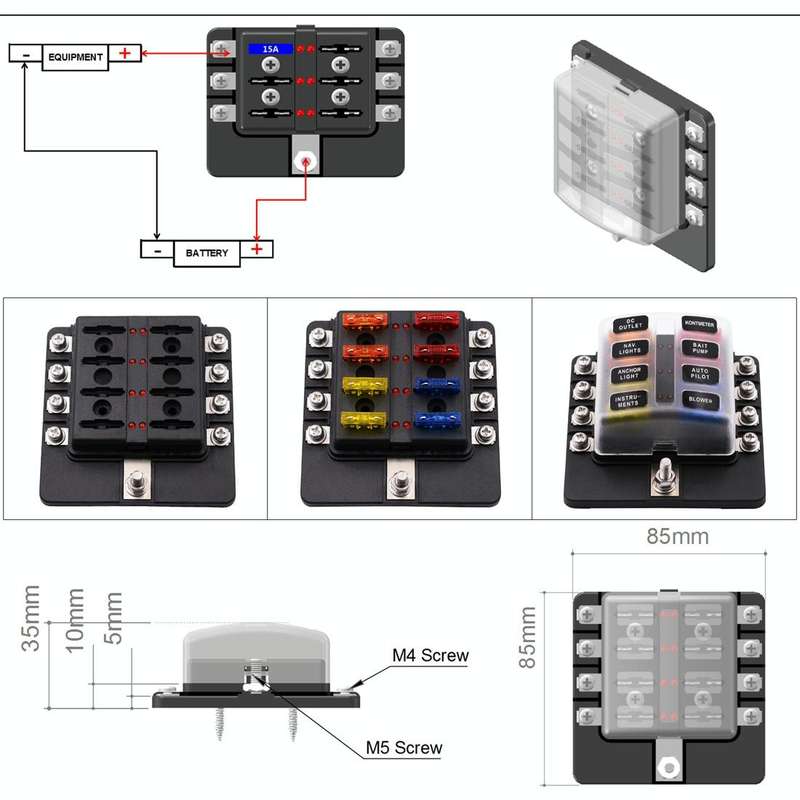1 in 8 Out Fuse Box Screw Terminal Section Fuse Holder Kits with LED Warning Indicator for Auto C...