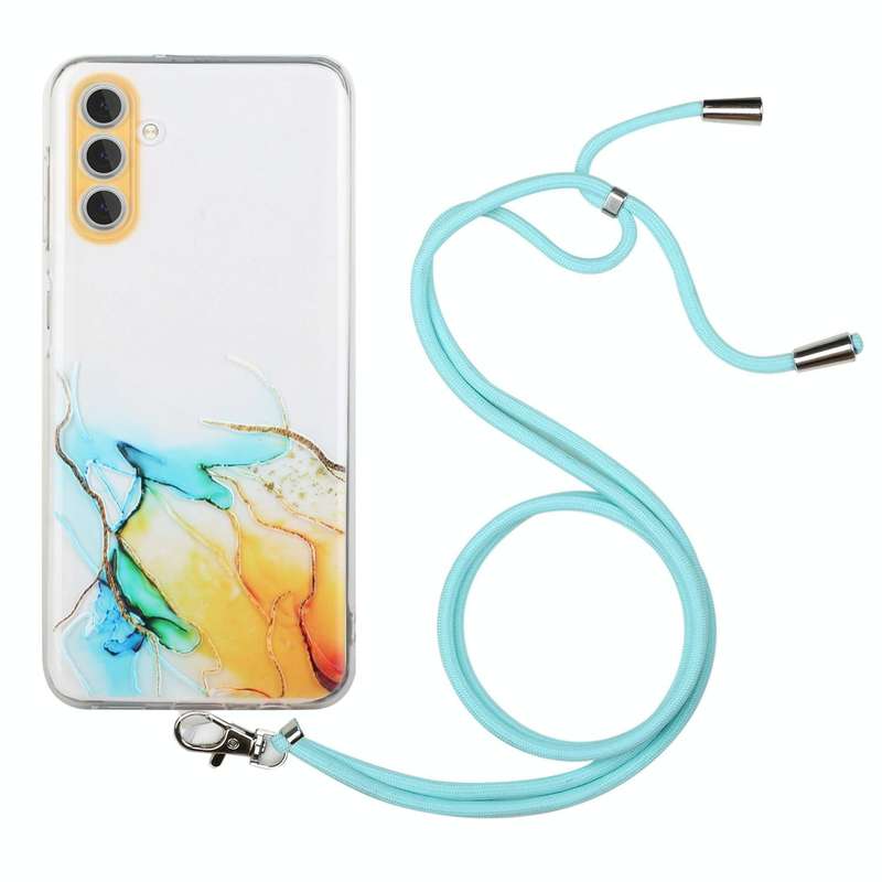 For Samsung Galaxy A54 5G Hollow Marble Pattern TPU Shockproof Phone Case with Neck Strap Rope(Ye...