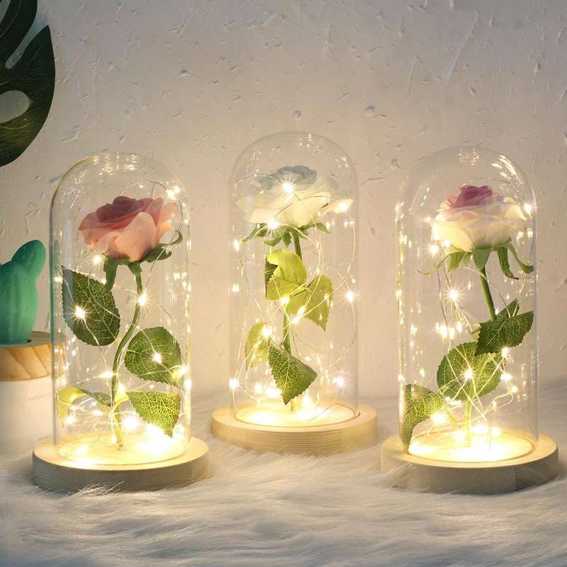 Simulation Roses Lights Glass Cover Decorations Crafts Valentines Day Gifts(Bright Color)
