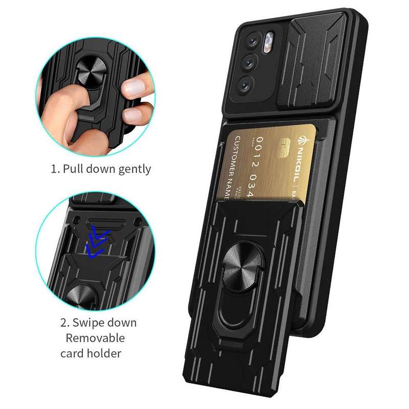 For OPPO A16 Sliding Camshield TPU+PC Phone Case with Card Slot(Sapphire Blue)