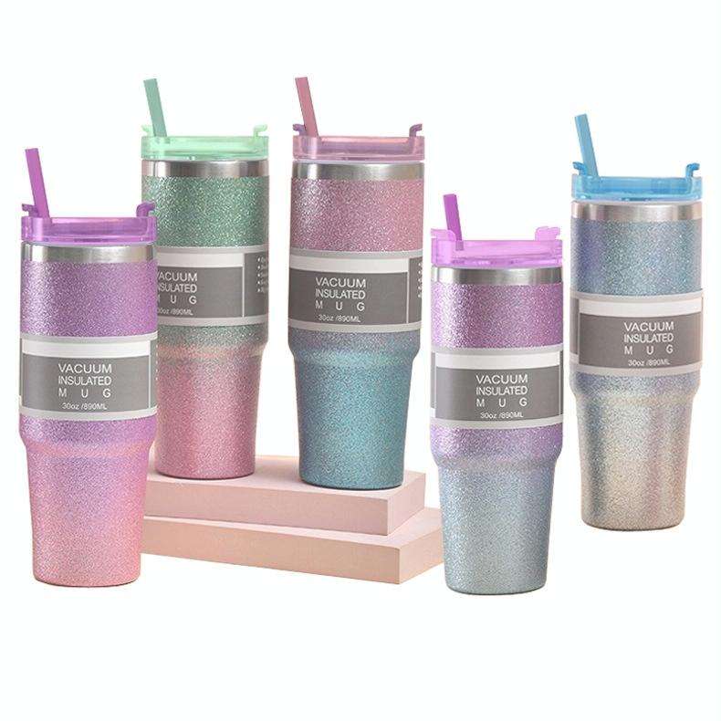 20oz Glitter Insulation Coffee Cup Double Layer Ice Cup Stainless Steel Car Cup With Straw(Green ...