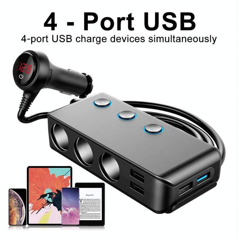 Car Cigarette Lighter Car Charger 3USB Port +1 QC3.0 + 3 Cigarette Lighter Ports + Back Clip Desi...