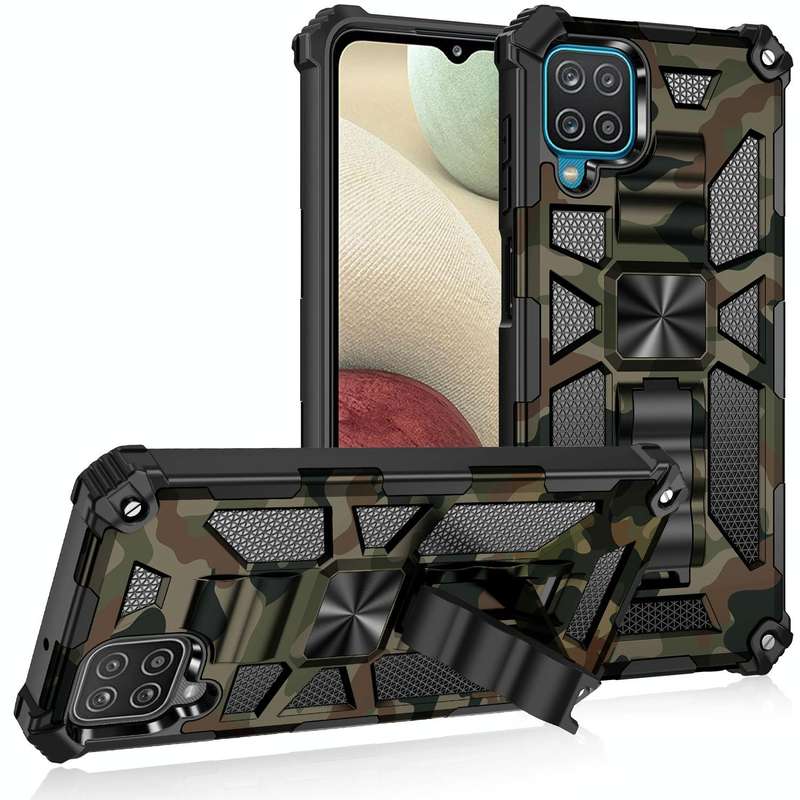 For Samsung Galaxy A12 Camouflage Armor Shockproof TPU + PC Magnetic Protective Case with Holder(...