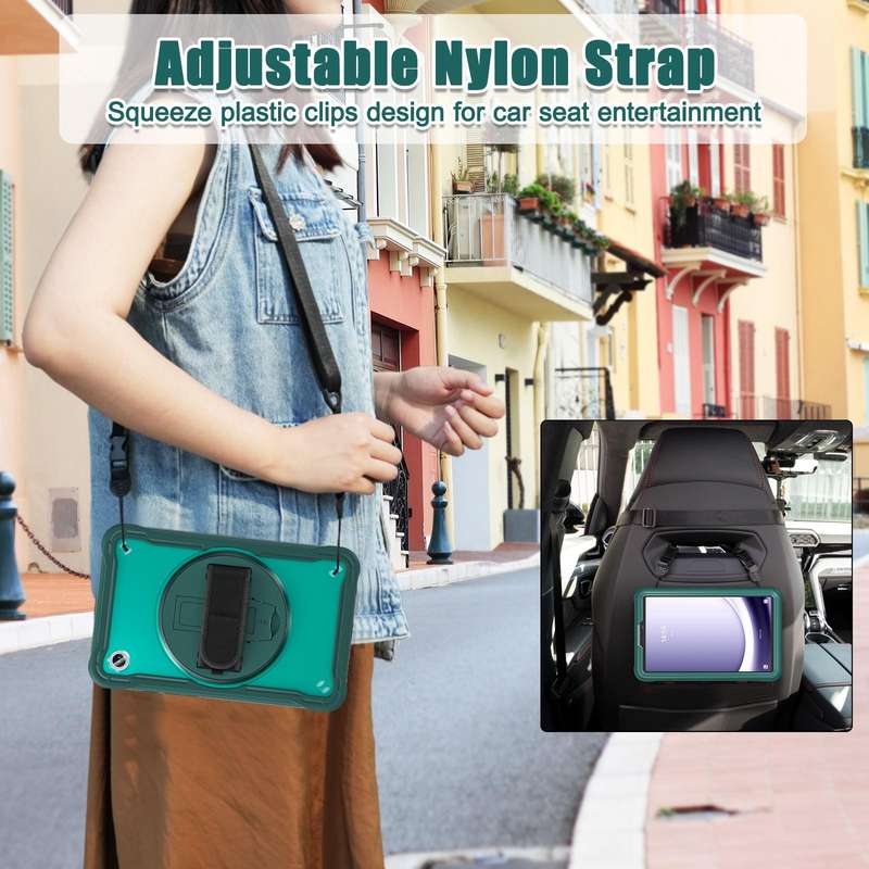 For Samsung Galaxy Tab A9 X110/X115 Heavy Duty Hybrid Tablet Case with Handle & Strap(Dark Green)