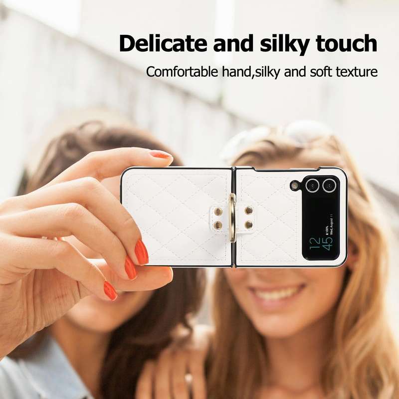 For Samsung Galaxy Z Flip4 Rhombic Microfiber Folding Phone Case with Ring(White)