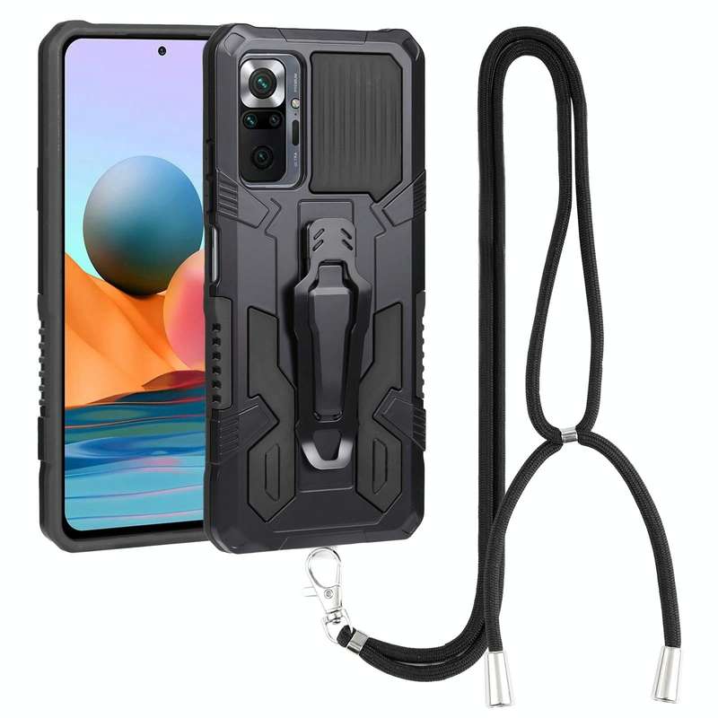 For Xiaomi Redmi Note 11 Pro Global Lanyard Mecha Armor Kickstand PC + TPU Phone Case(Black)
