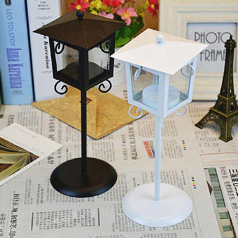 Glass Retro Wrought Iron Street Lamp Candle Holder Home Wedding Decoration(Black)
