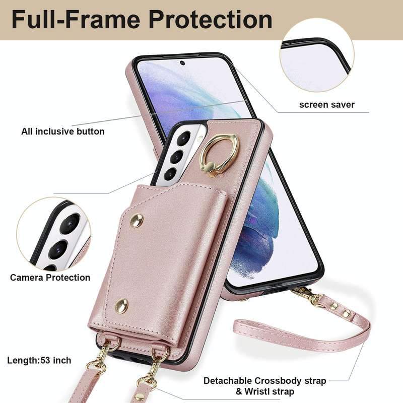 For Samsung Galaxy S21 5G Zipper Card Bag Phone Case with Dual Lanyard(Rose Gold)