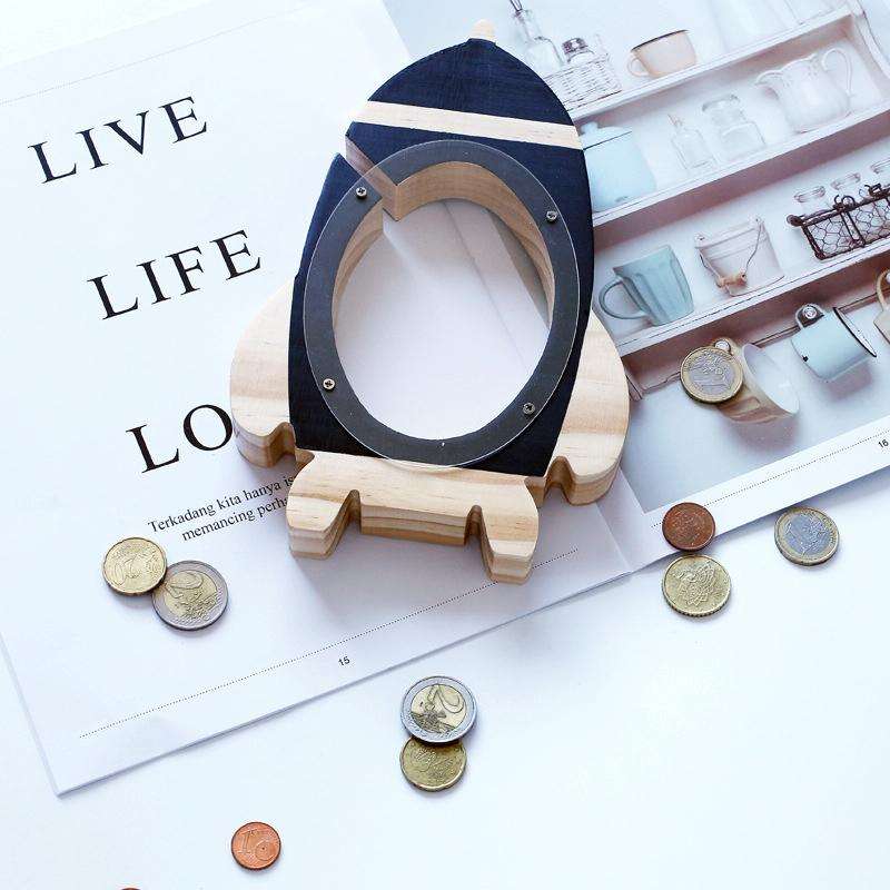 Nordic Wood Rocket Money Box Toys Living Room Decoration Piggy Bank(Black)