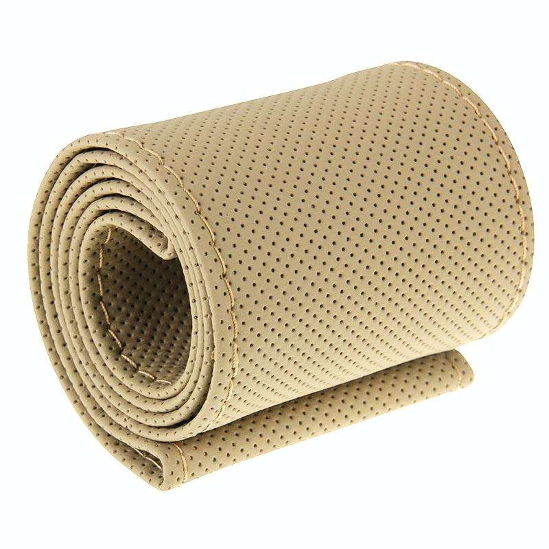Leather Steering Wheel Cover With Needle and Thread, Size: 54x10.5cm (Beige)