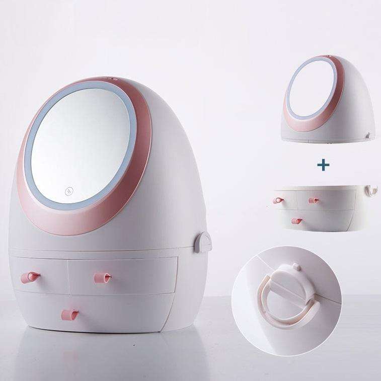 Desktop Dustproof Portable Cosmetic Storage Box With Mirror, Colour: White Mirror With Light